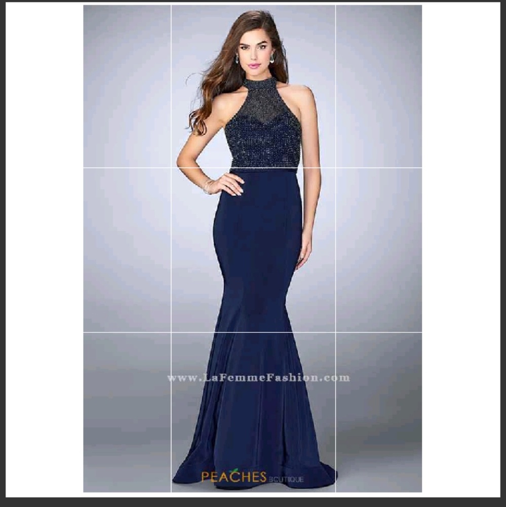 La Femme style #24266 navy blue mermaid gown